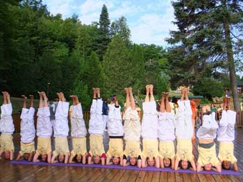 Photo of group performing headstands.