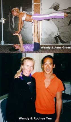 Photo of Wendy O'Lenic doing yoga with Anne Green and Rodney Yee.